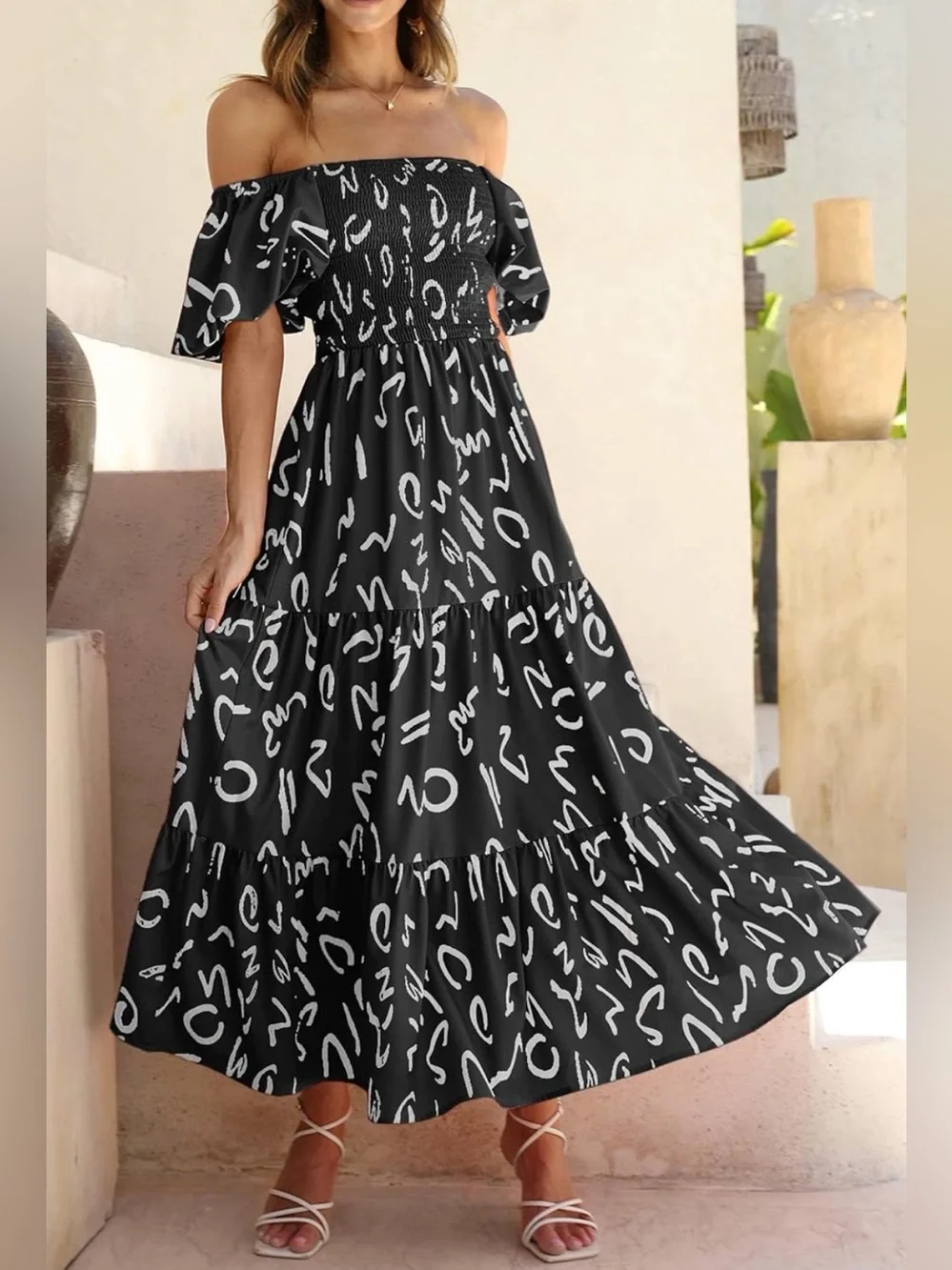 Off-Shoulder Black & White Printed Maxi Dress - Picture 1 of 2